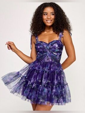 Purple Floral Tie-Strap Tiered Mini Dress